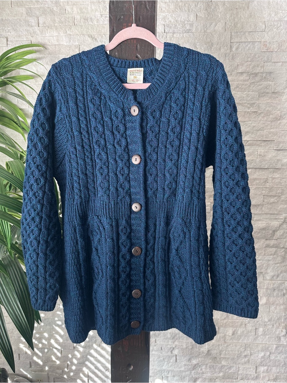 Kilronan Knitwear Irish Merino Wool Chunky CableKnit Teal Sweater Size S
